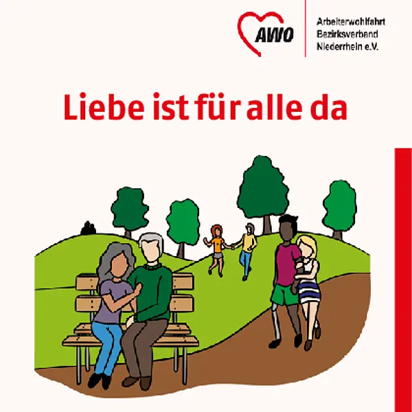 Titelbild sitzende und laufende Paare mit Schriftzug Liebe ist für alle da / Liebe ist für alle da