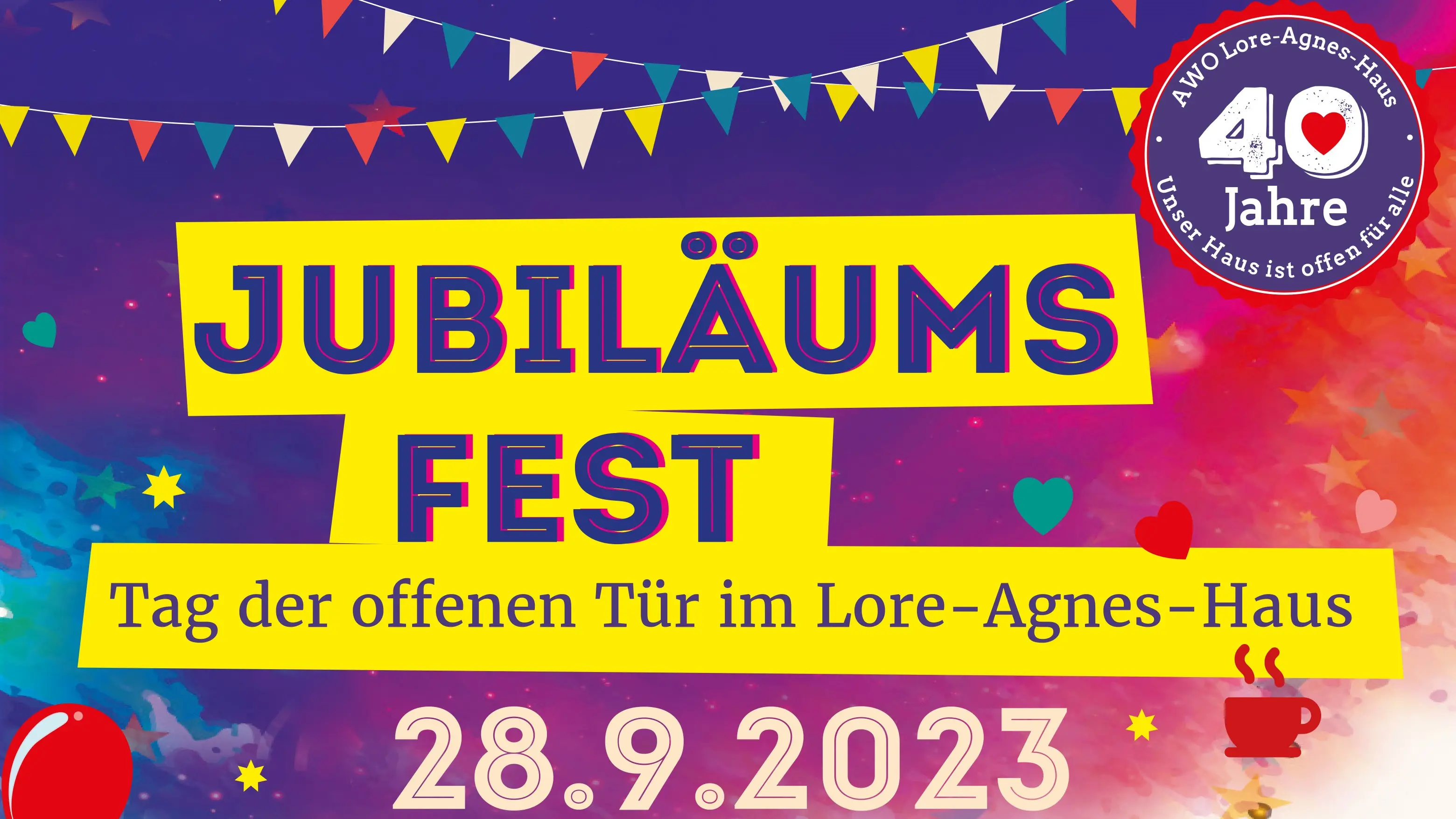 Das Foto zeigt einen Screenshot von dem Einladungsplakat. Dort steht Jubiläumsfest | Tag der Offenen Tür im LAH am 28.09.2023