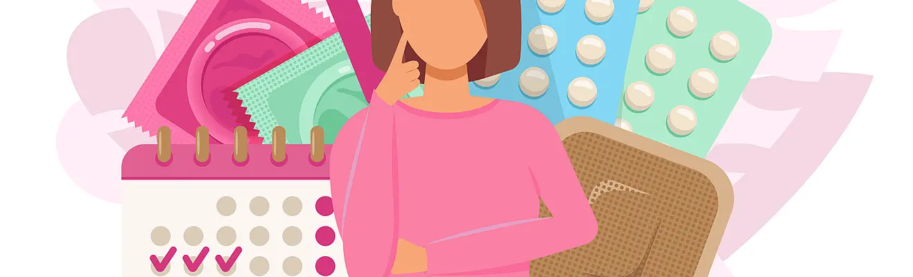 Frau sitzt im Schneidersitz auf dem Boden. Hinter ihr sind unterschiedliche Verhütungsmittel